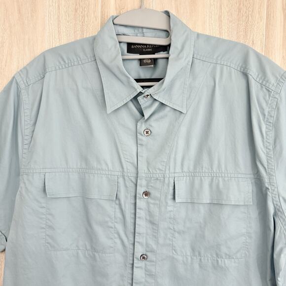 Banana Republic Shirt Men Large Blue Cotton Flap Pockets Short Sleeve Preppy - Picture 3 of 11